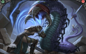 Image of a Seugathi, a large worm-like monster, psychically screaming at the Pathfinder iconic barbarian as she hold her head and kneels in front of it