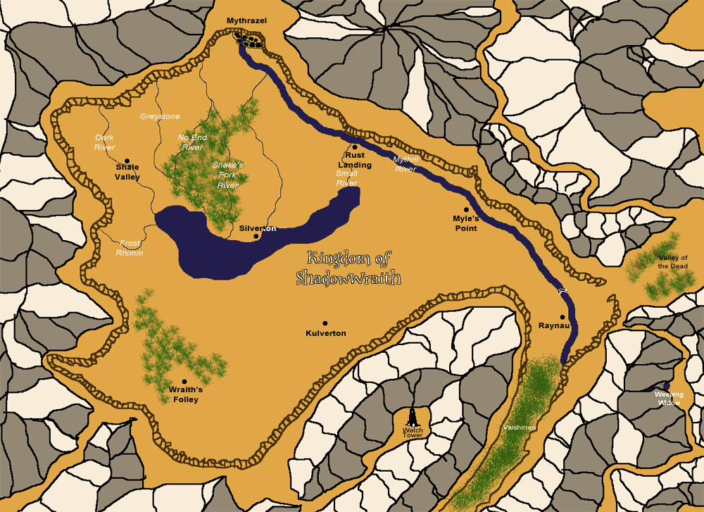 Ancient map of the Lost Kingdom - before it fell to ruin and dwindled down to the single city of Mythrazel