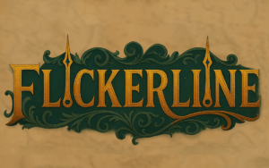 Flickerline logo spelling Flickerline in yellow text with clock hands for the two letter i's. The lettering is on a green filigree backgroun