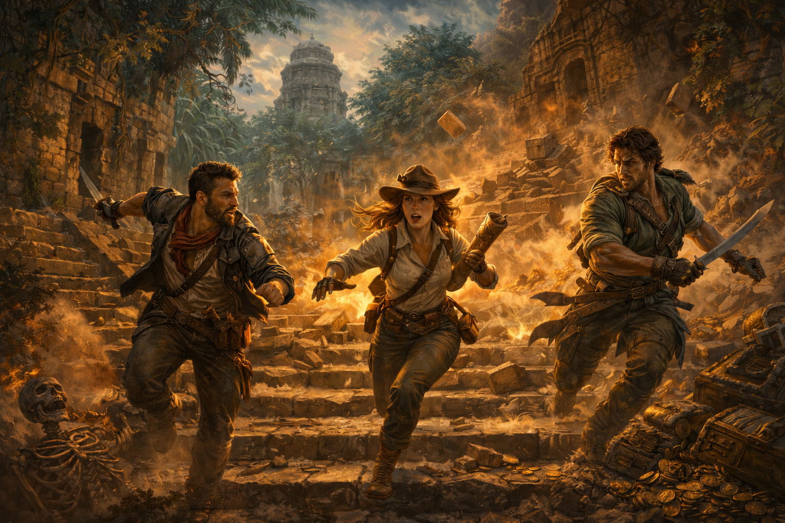 A female treasure hunter runs away from a crumbling jungle temple with two men with machetes chasing her