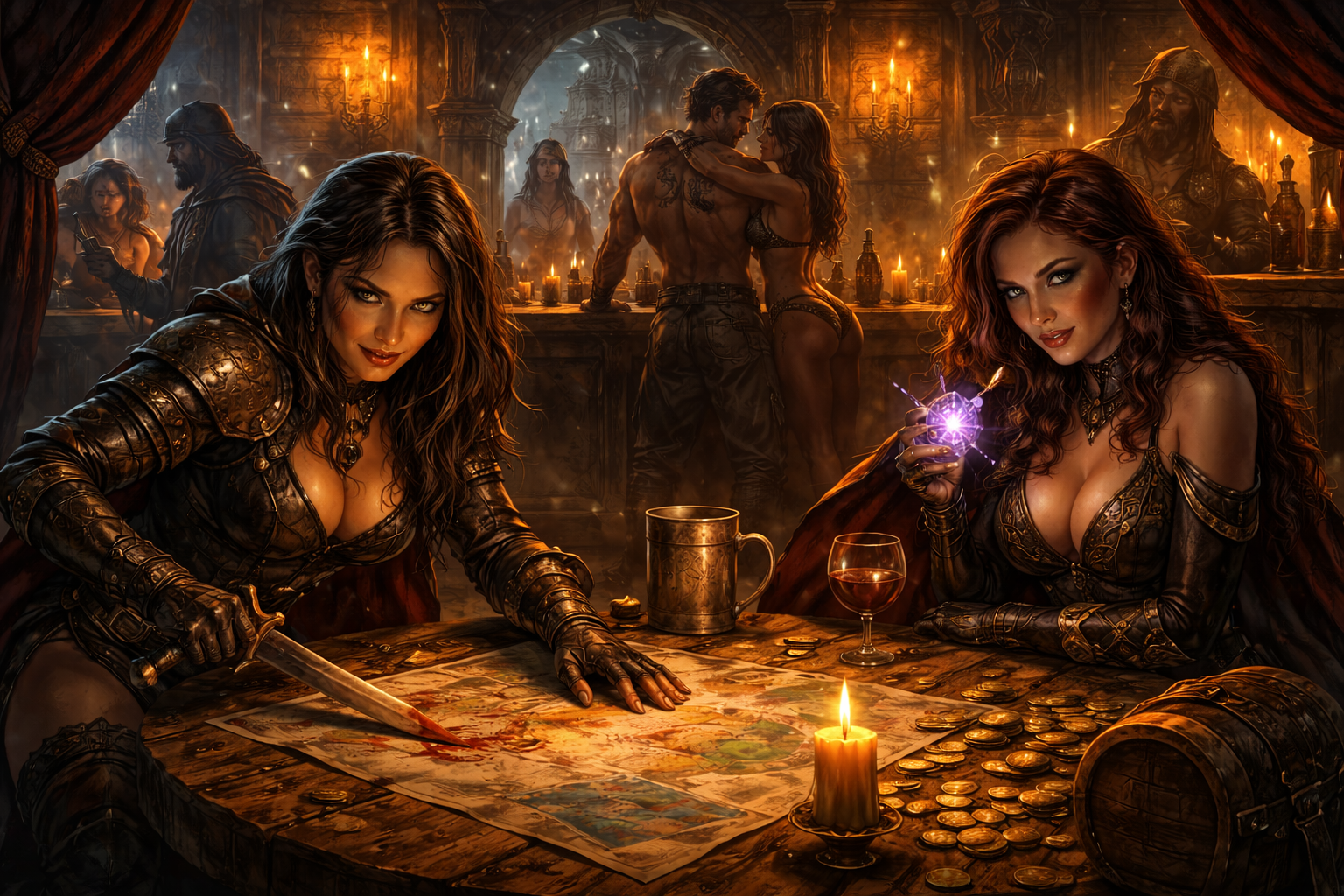 Image of two female assassins plotting in seedy bar