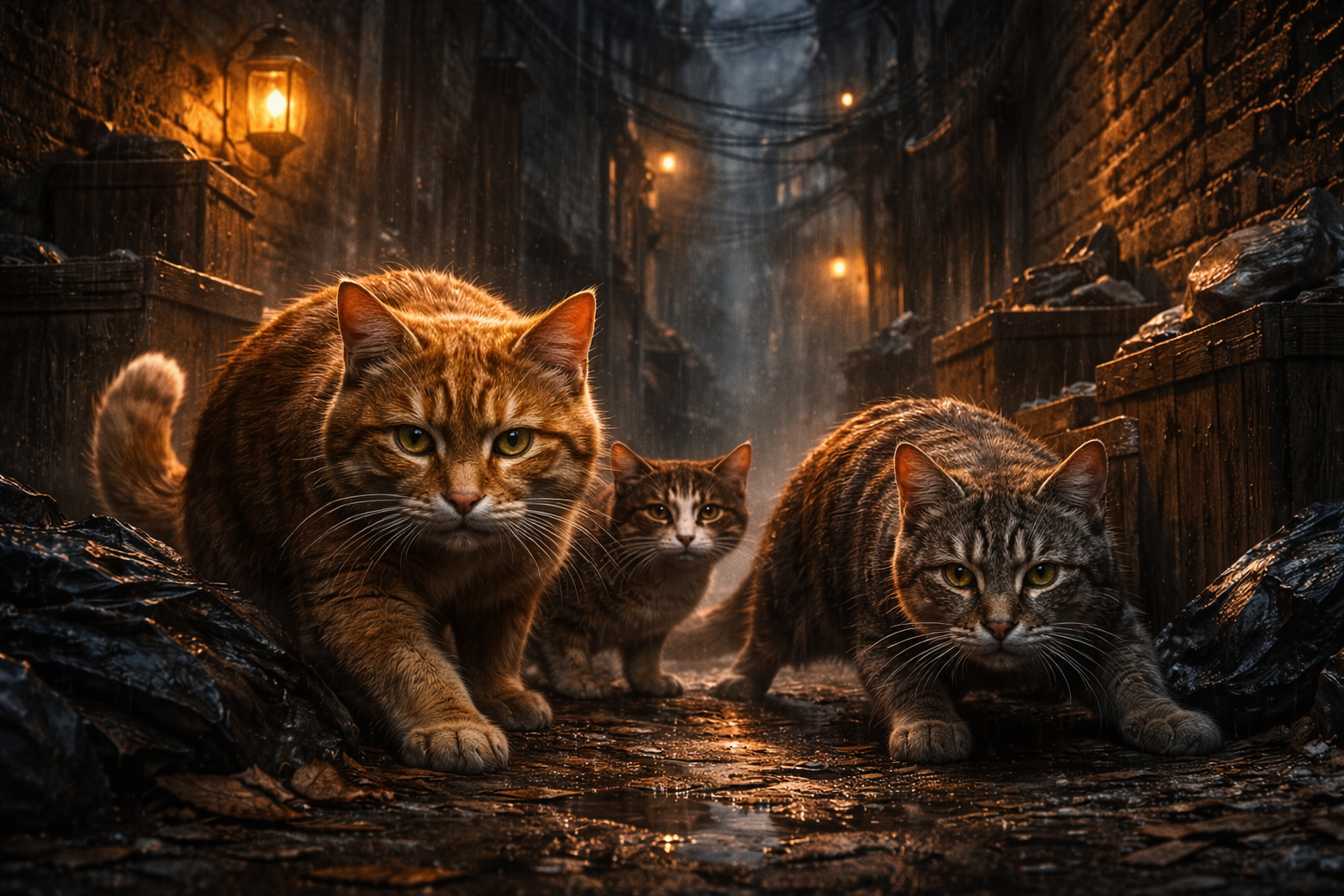 Three cats stalk down a dark alley