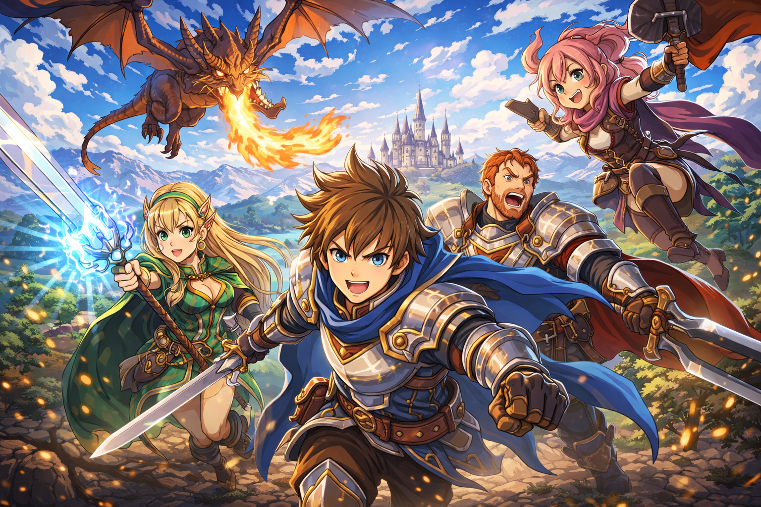 Animated heroes charge forward in a fantasy scene