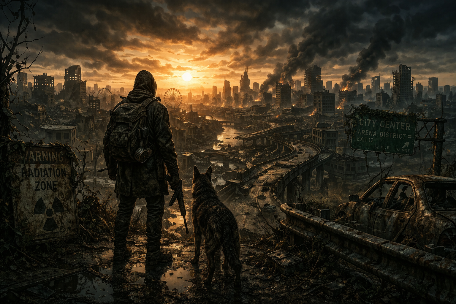 A man and his dog survey a destroyed cityscape