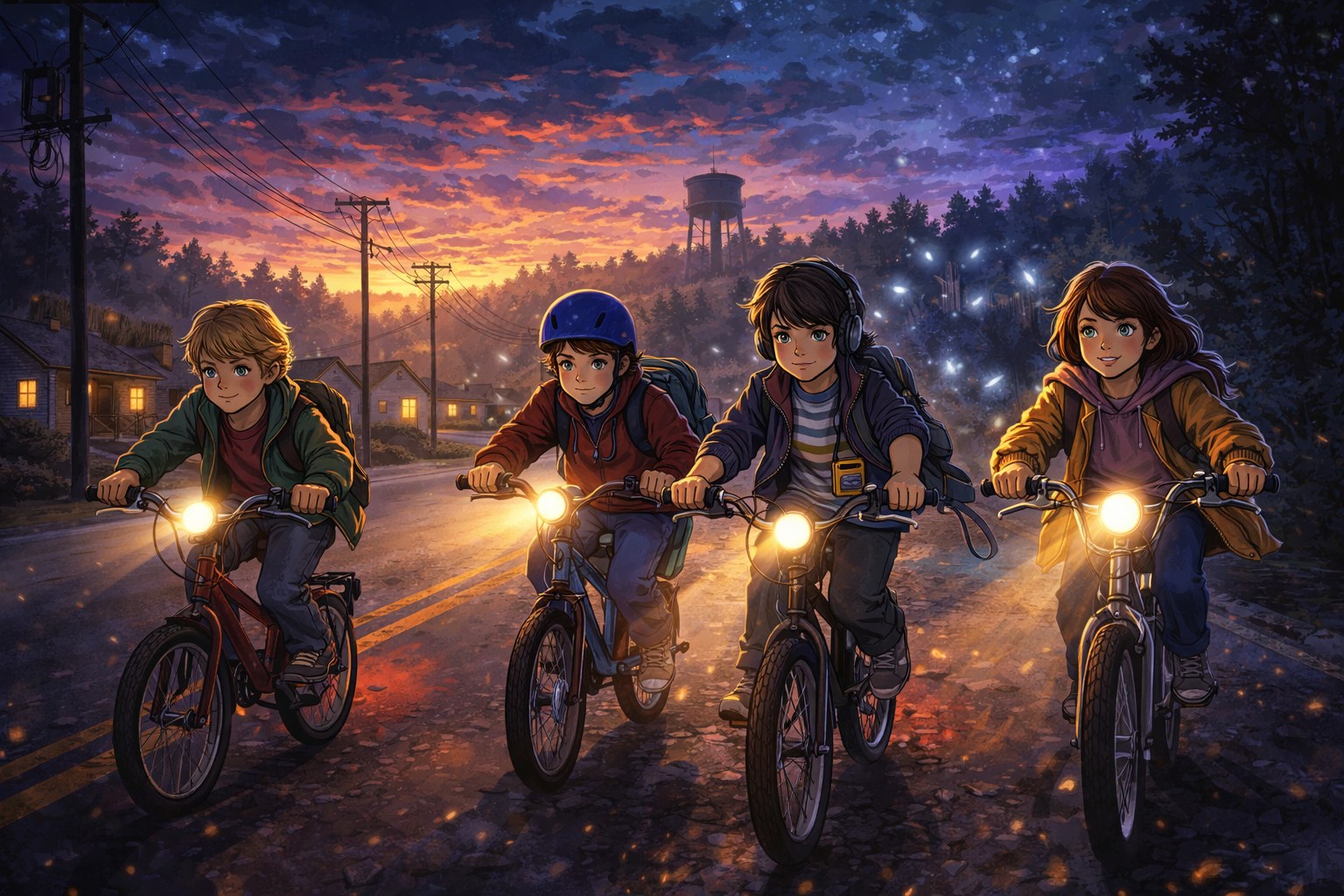 Four kids on bikes ride home as it starts to get dark