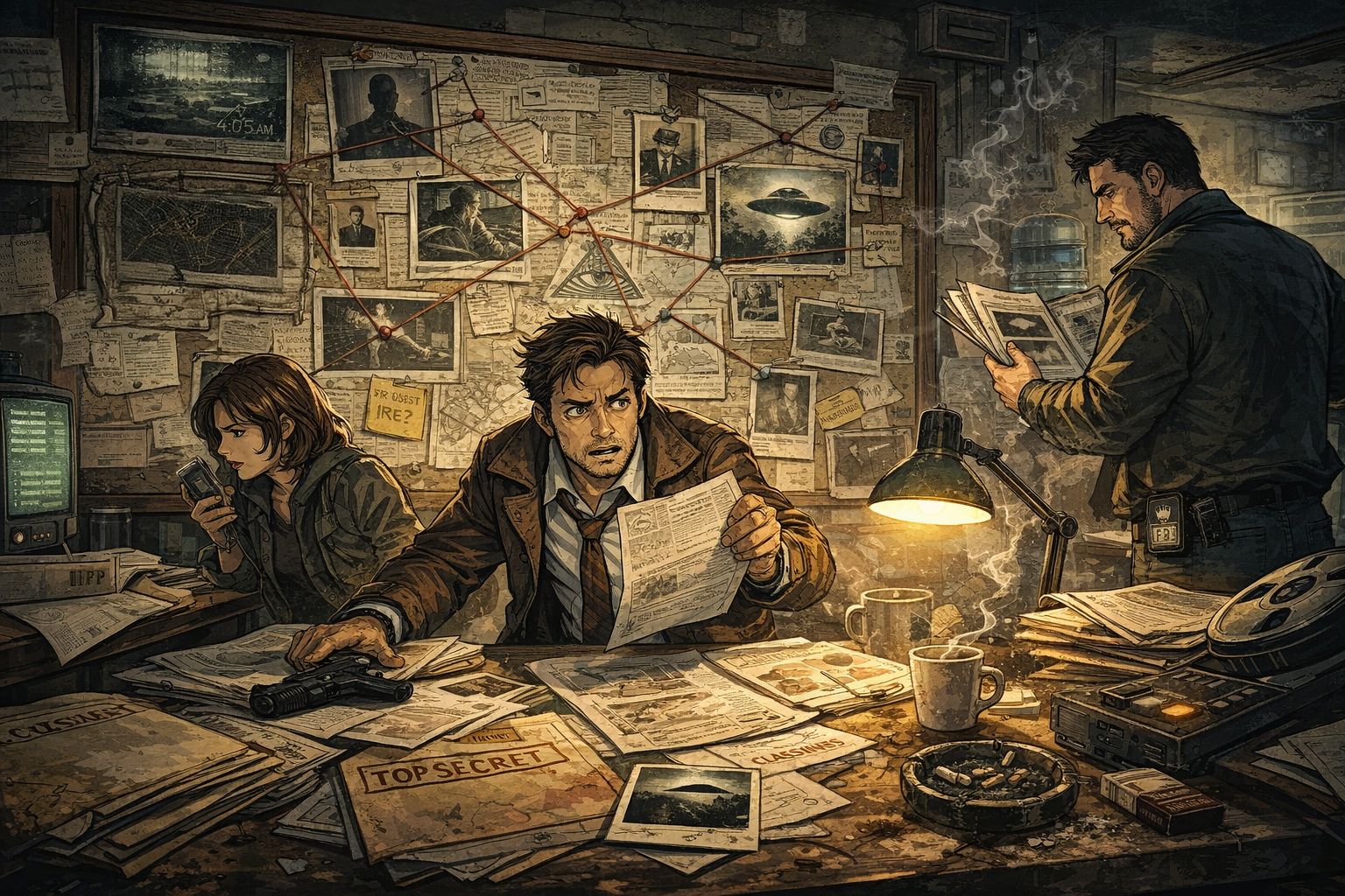 Several people sit in a room surrounded by information and try to draw connections