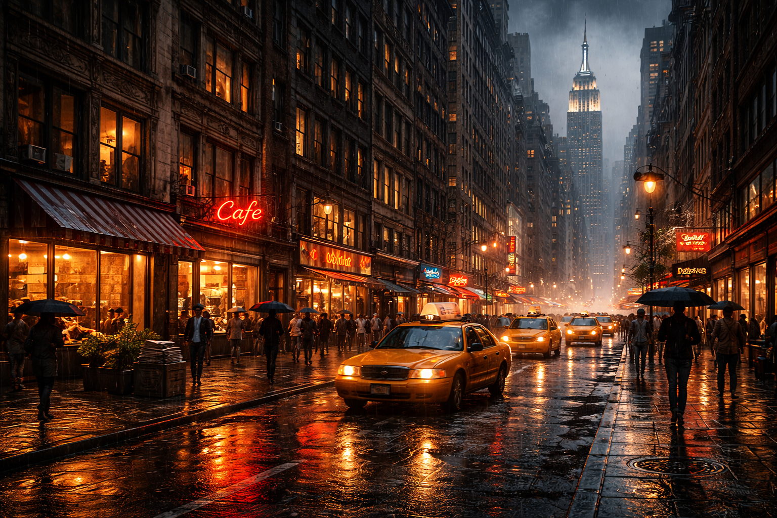 A New York street in the rain with a taxi cab in the foreground