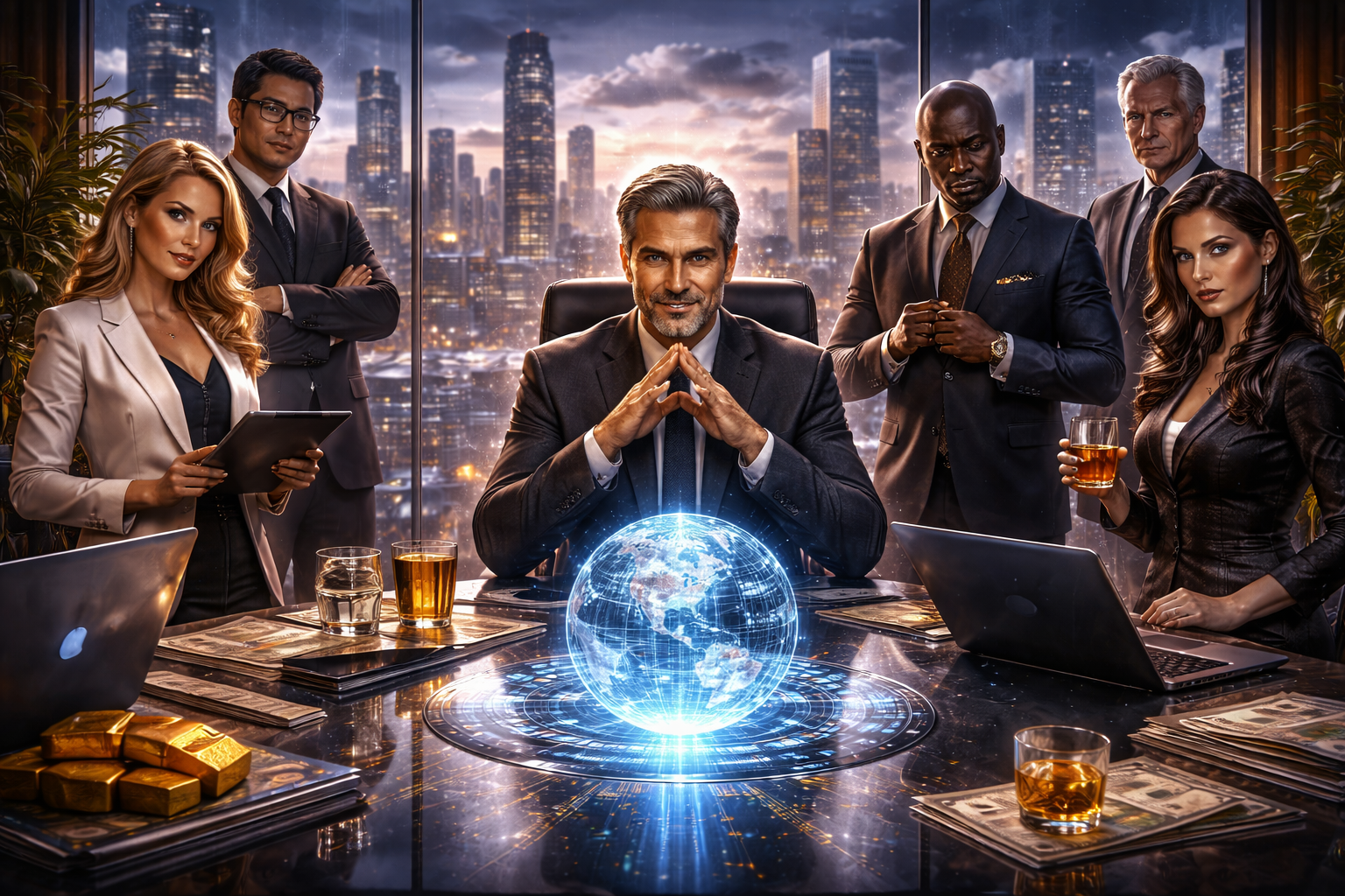 A group of executives sit stand around a meeting table plotting something