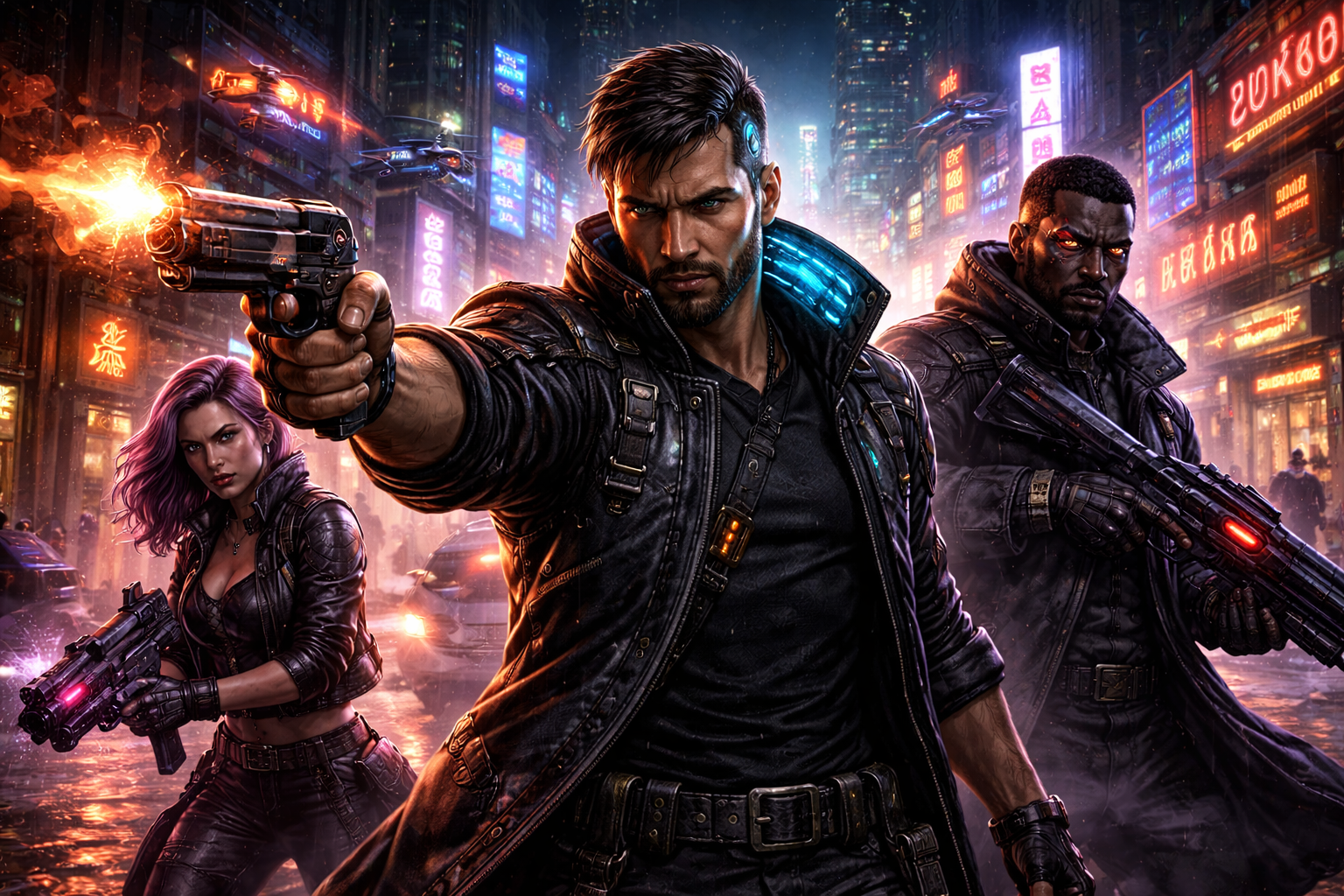 Three edge runners try to survive on the hard streets of a futuristic city