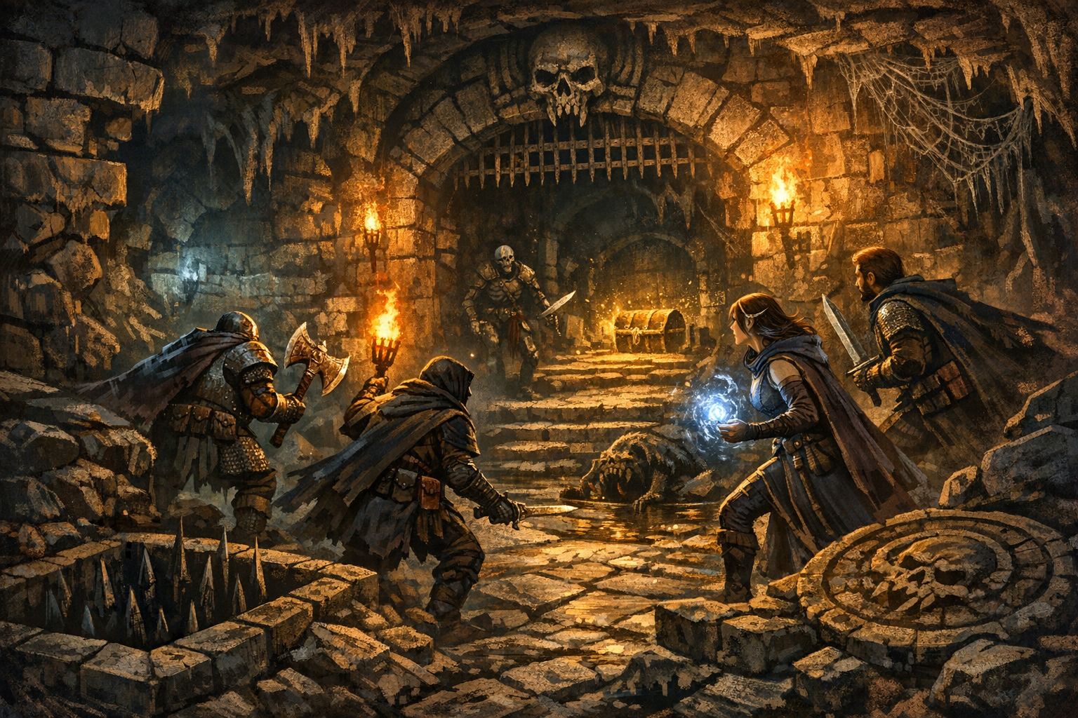 A generic adventuring party explore a dungeon scene and are about to be attacked by a skeleton