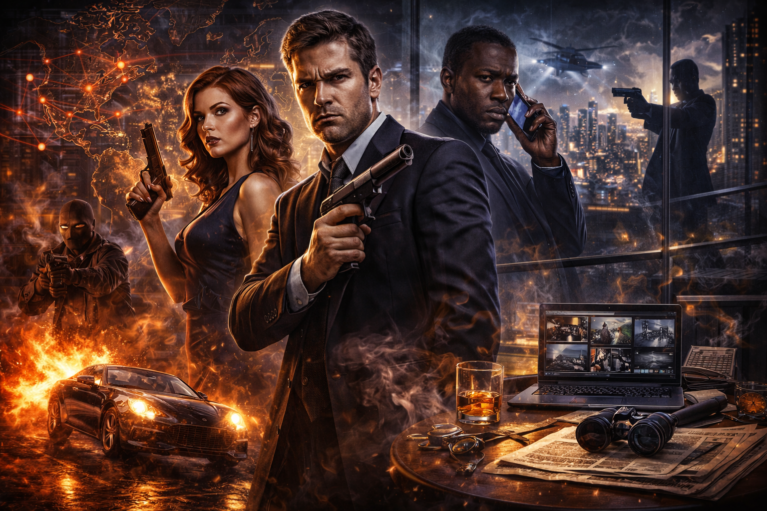 A composite image showing a number of spies engaged in espionage activities