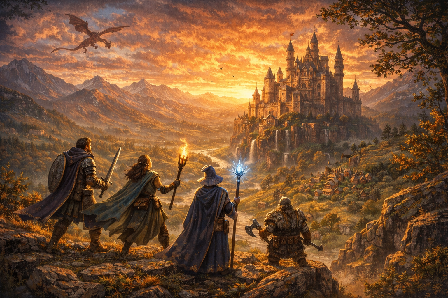 An adventuring party look out over a fantasy landscape with a huge fortified city in the distance and a dragon on the sky