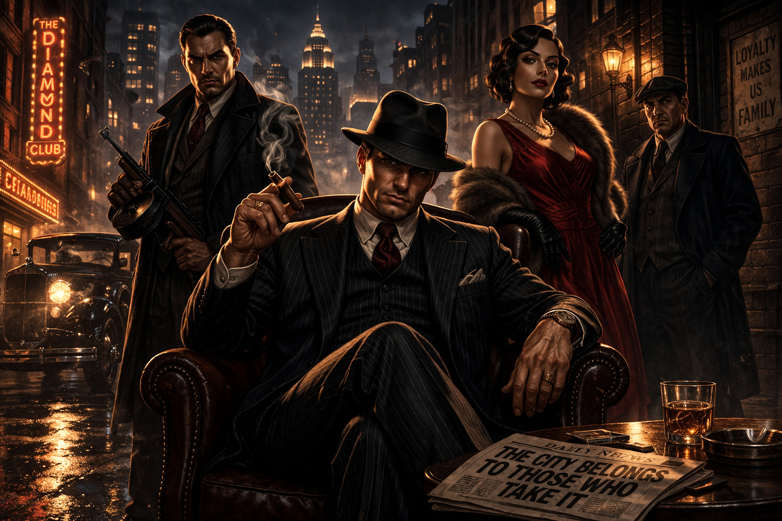 Gangsters and molls sit outside a cafe