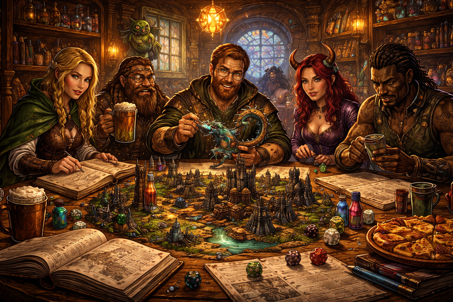 A happy group of players and their GM sit around a fantasy table in cosplay