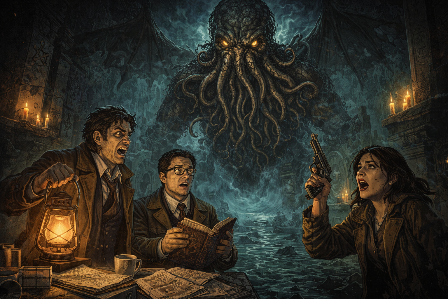 Three investigators look terrified as Cthulhu looms in the background