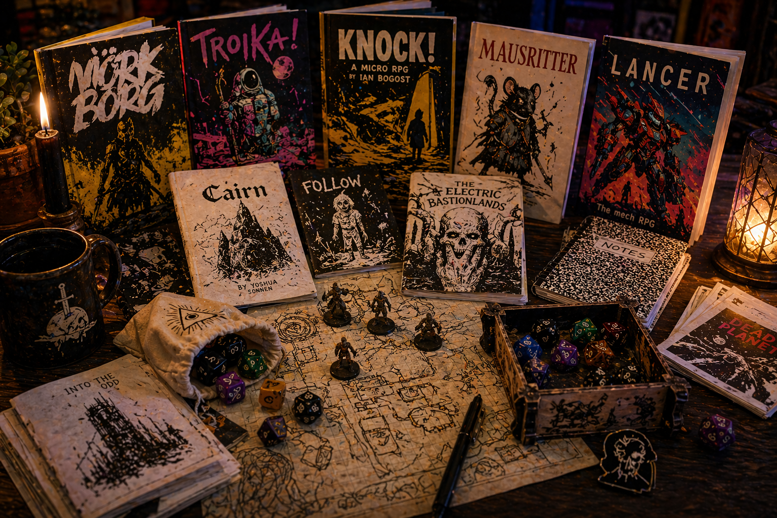Indie game books on a table with dice and a map