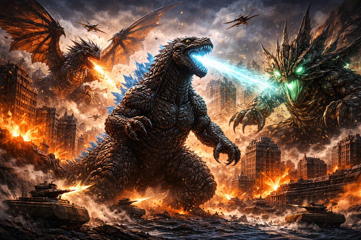 Gigantic monsters breath fire and lightning at each other amid the ruins of a city