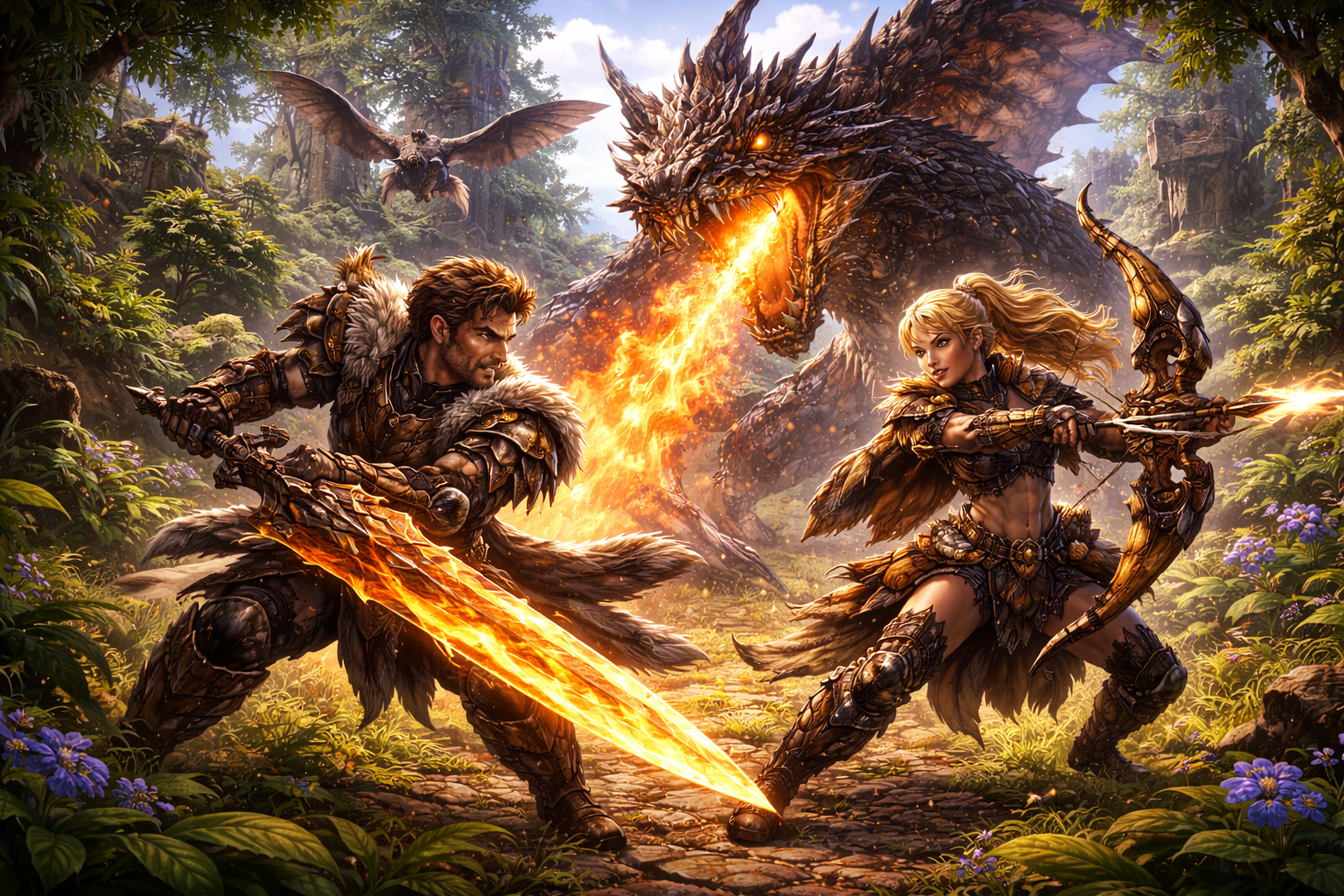Two fighters with huge weapons take on a gigantic dragon-like creature
