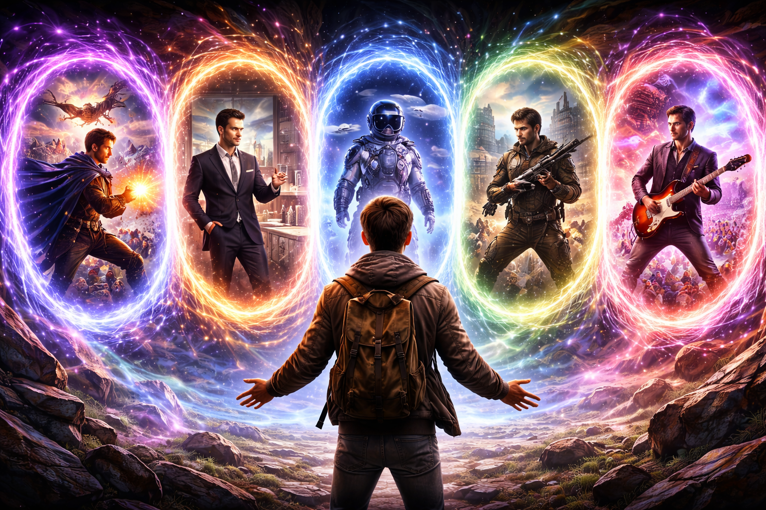 A boy looks through a number of portals showing possible futures for him