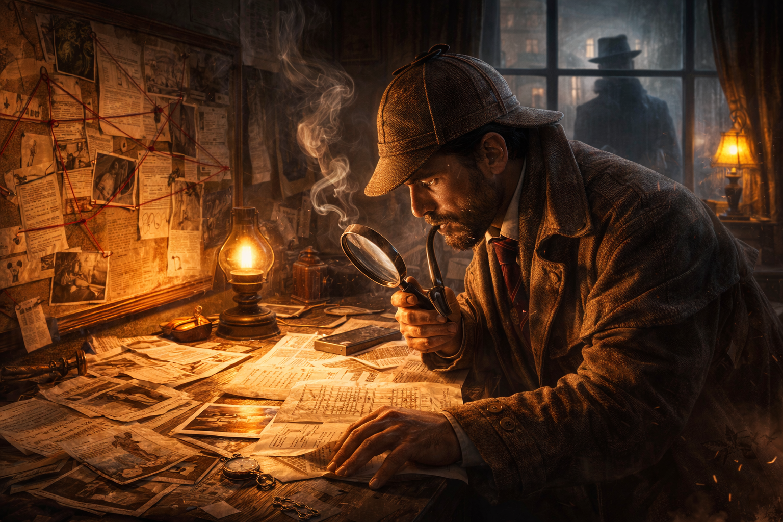 A man in a deer stalker hat and smoking a pipe peers at some documents on a table