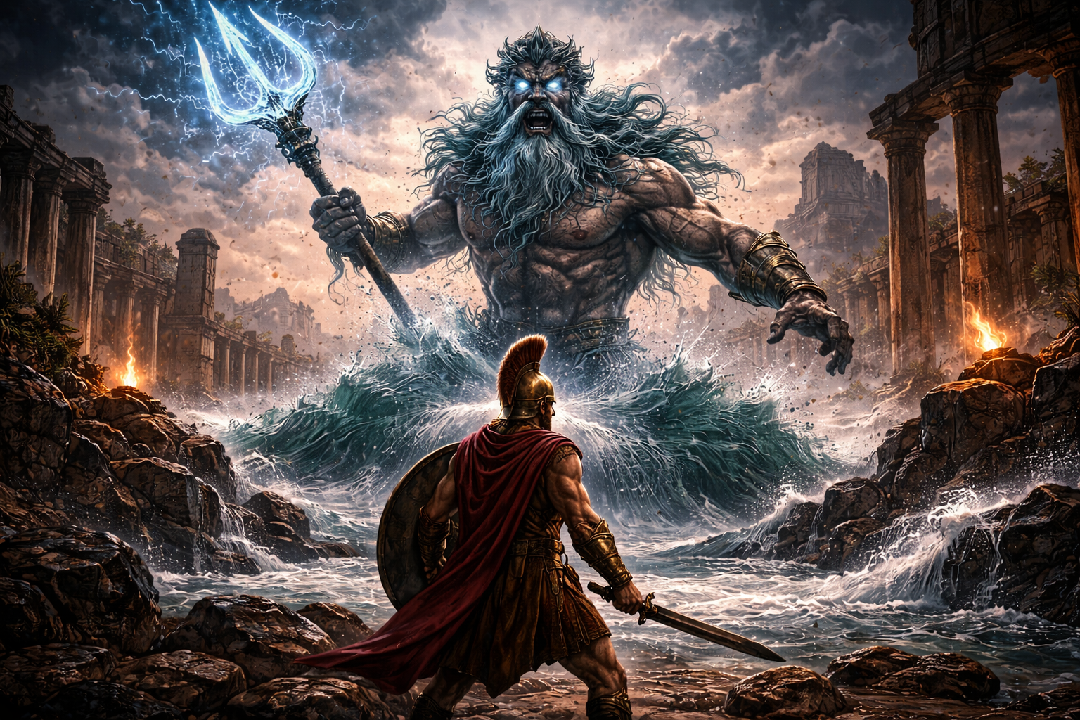 A warrior stands facing down Poseidon