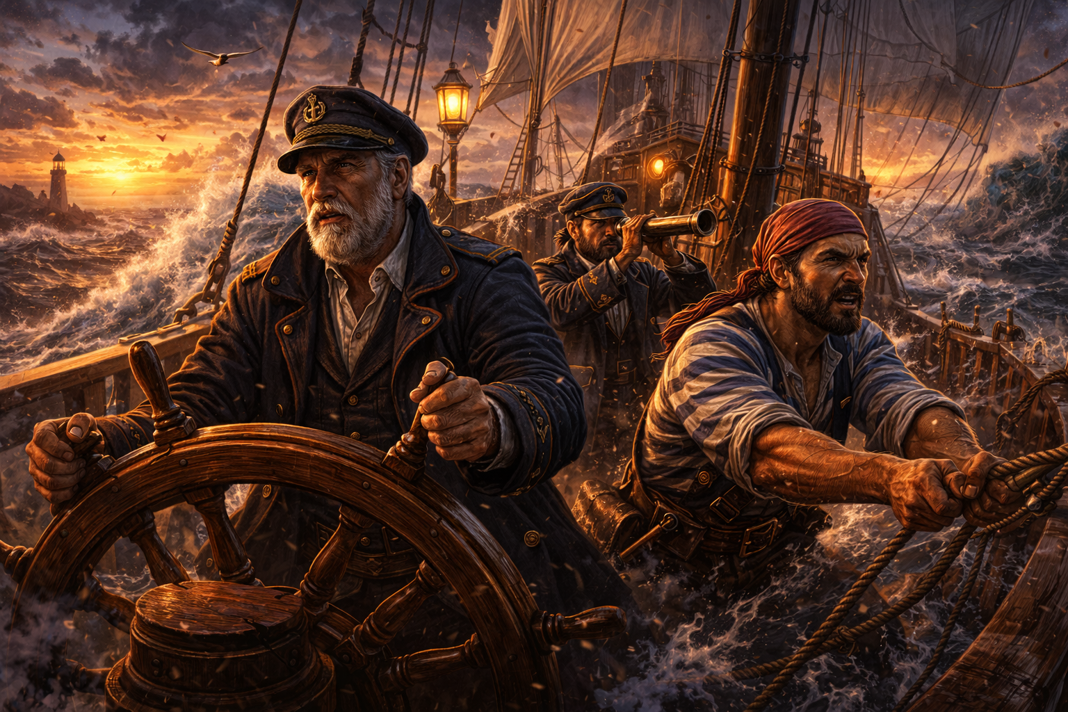 The crew of a wooden ship weathers a storm