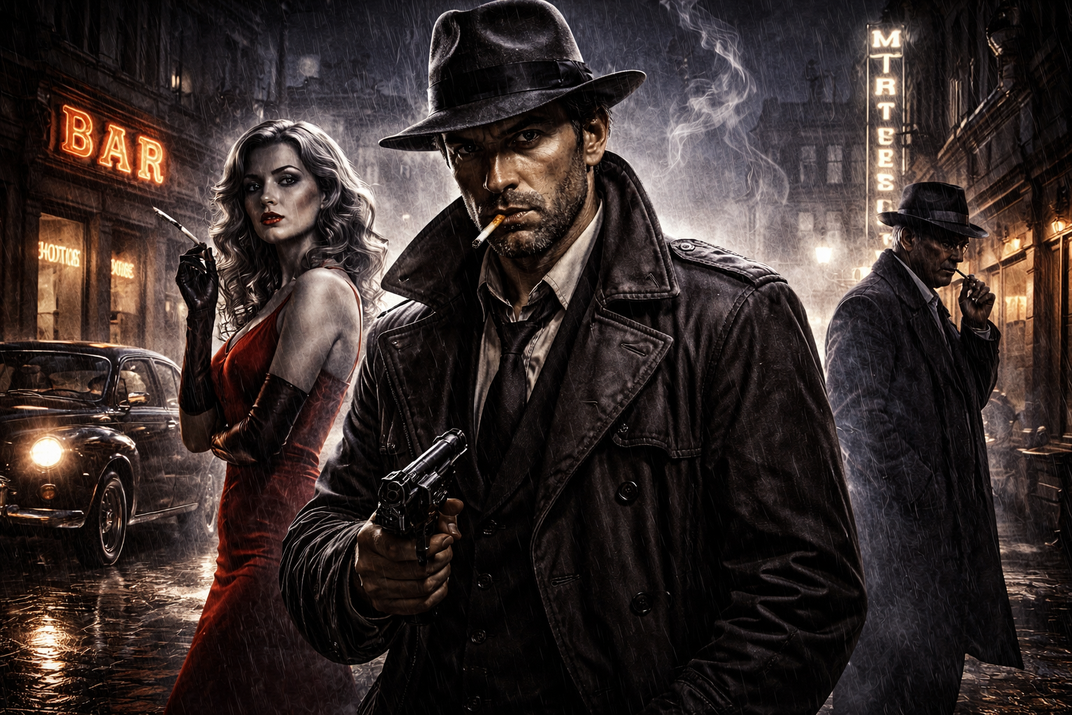 A detective stands in a dark street with a couple of shady figures behind him