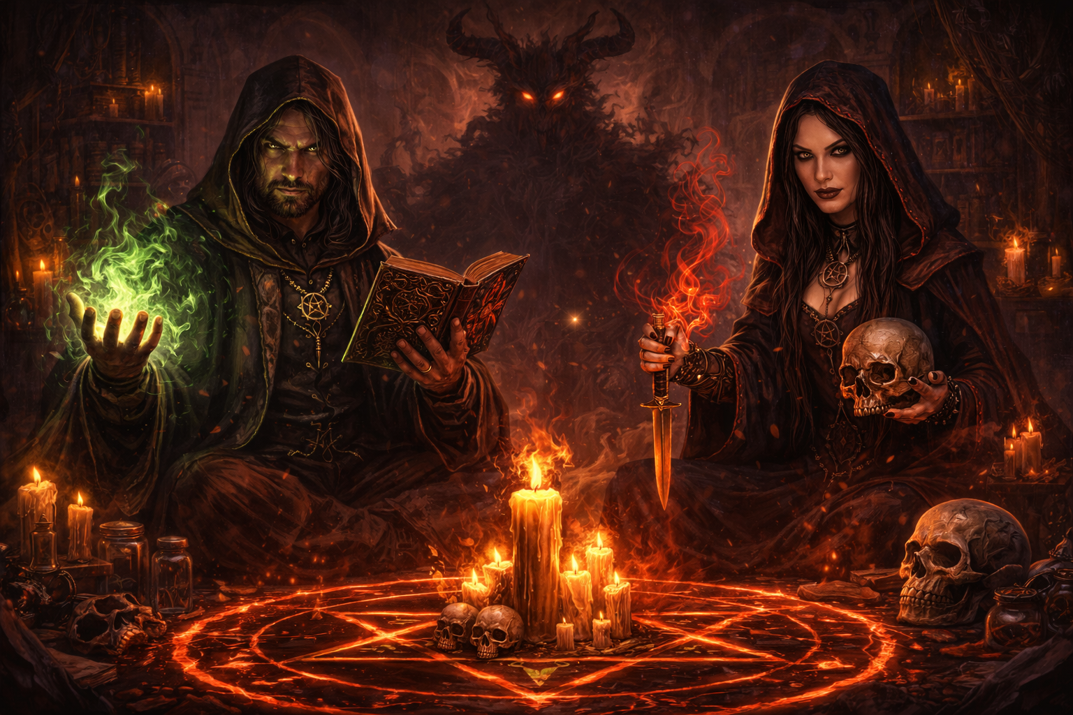Two occultists perform a ritual to summon something terrible