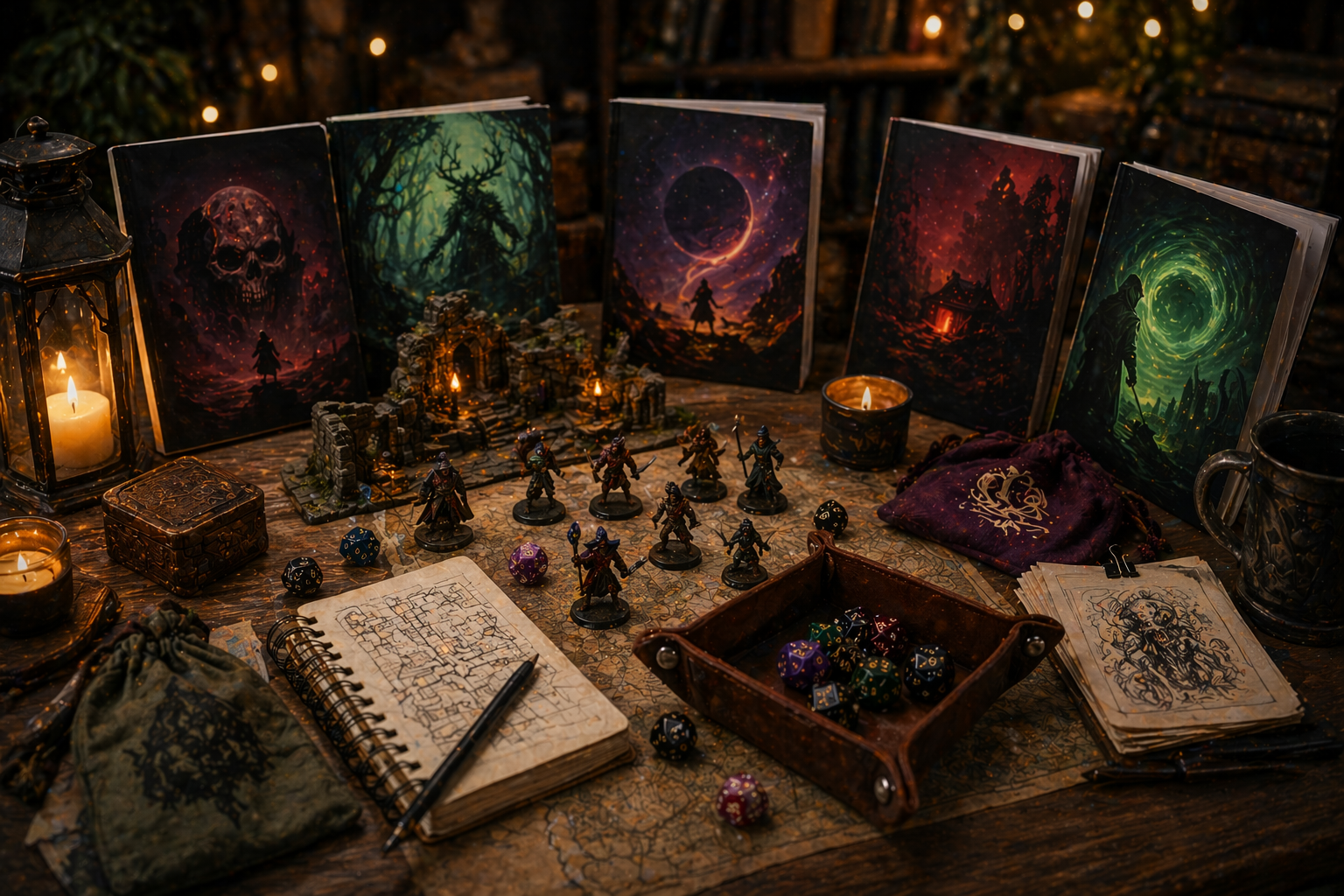 Image of the gaming table with miniatatures, rulebooks, notebooks and sundries