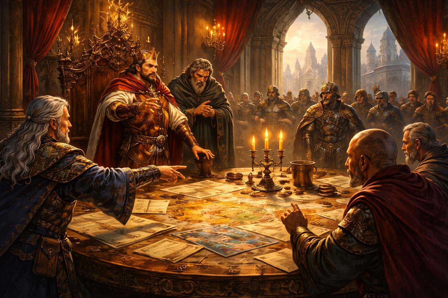 A king and his advisors discuss issues of state around a table covered in fantasy maps