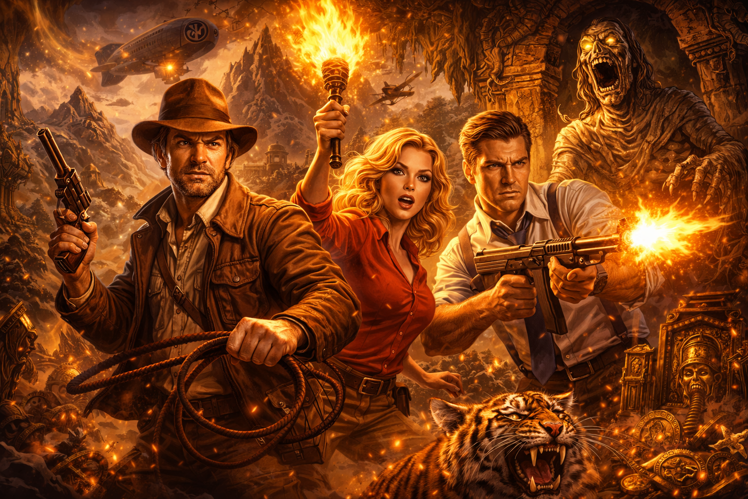 Two fisted heroes get ready to fight a mummy