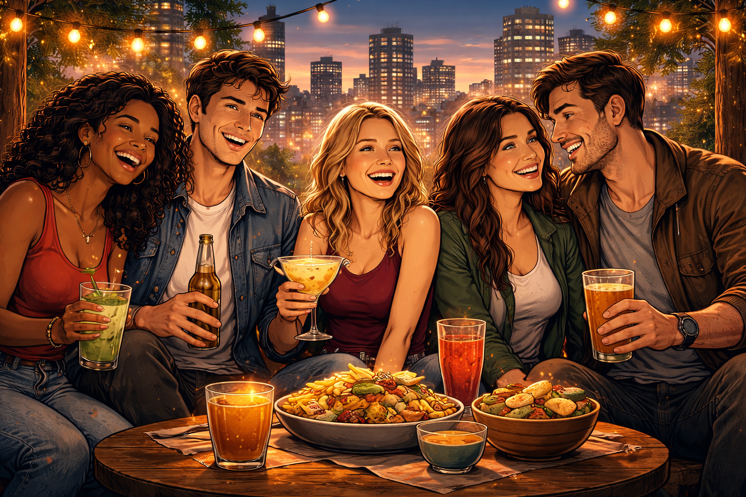 A group of young people gather for dinner