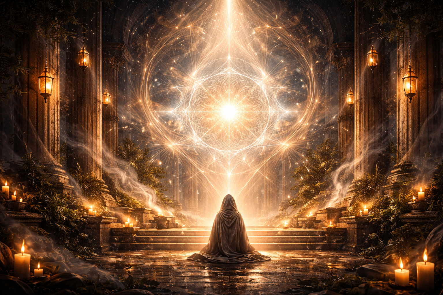 A robed figure sits praying to a glowing light
