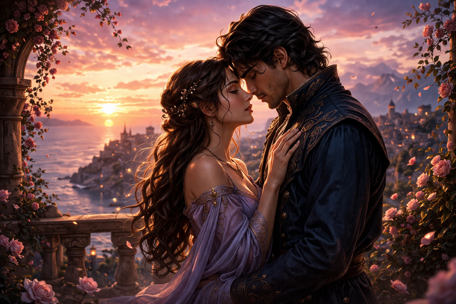 A young couple hug on a balcony overlooking the water