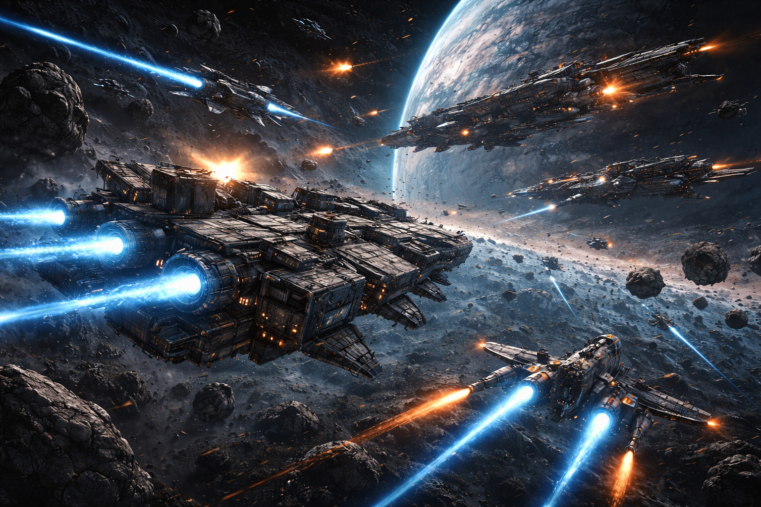 Starships zoom in to attack a planet