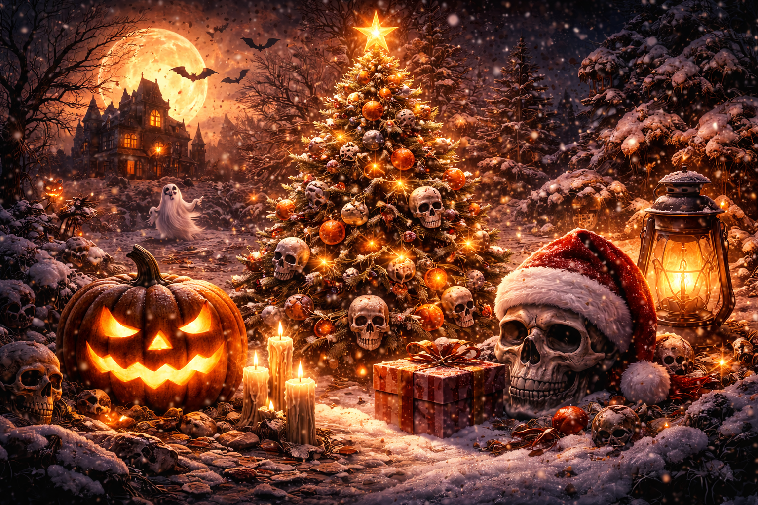 Skulls and pumpkins form a festive pile