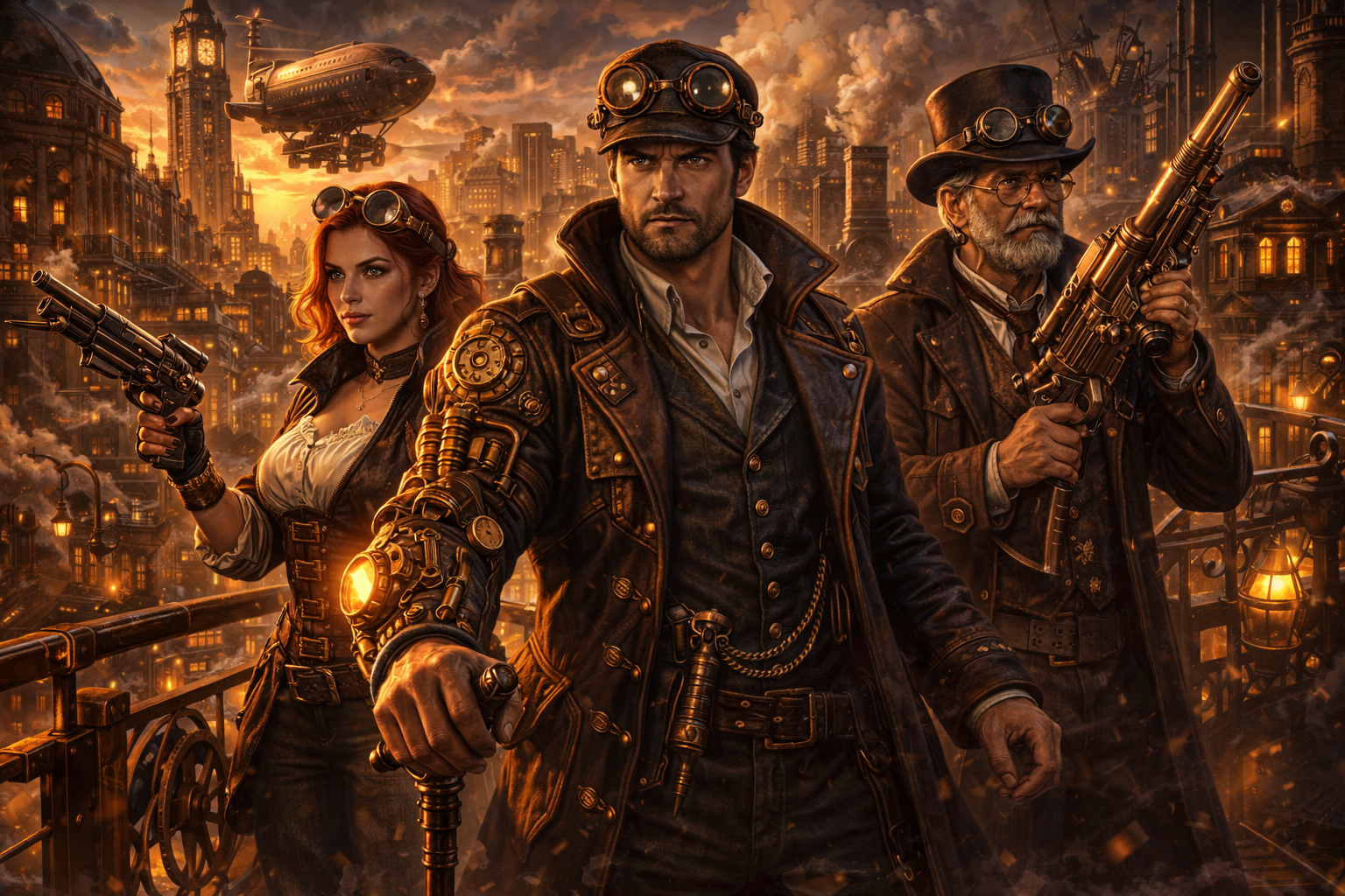 Adventurers with strange devices stand in front of an airship