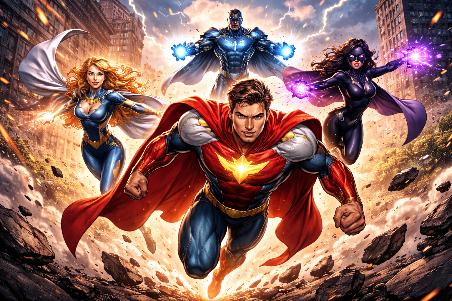 A number of glowing heroes in tight costumes fly through a city