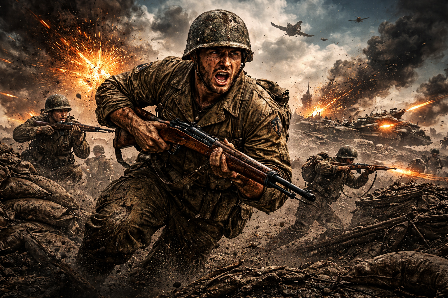 A soldier charges through the mud