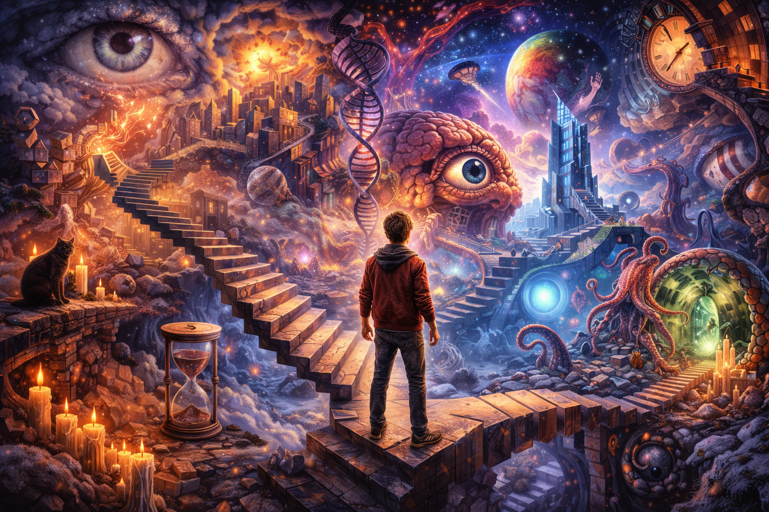 A mindbending scene where a figure surveys a strange landscape of stairs and eyes and tentacles