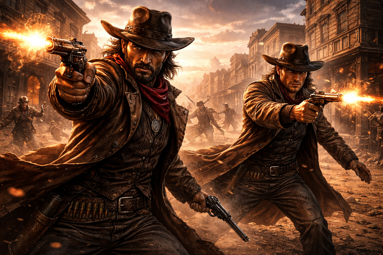Cowboys fire their six shooters down a quiet street
