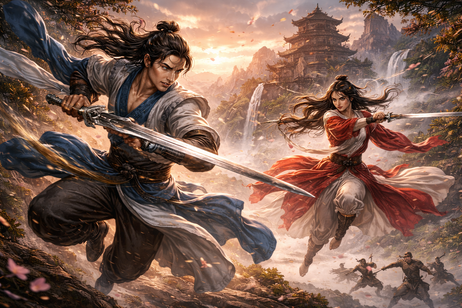 Two figures in flowing clothes with swords get ready to fight