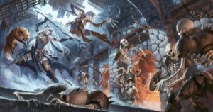 Image of a combat between the Pathfinder 1e iconic rogue and druid and a group of undead