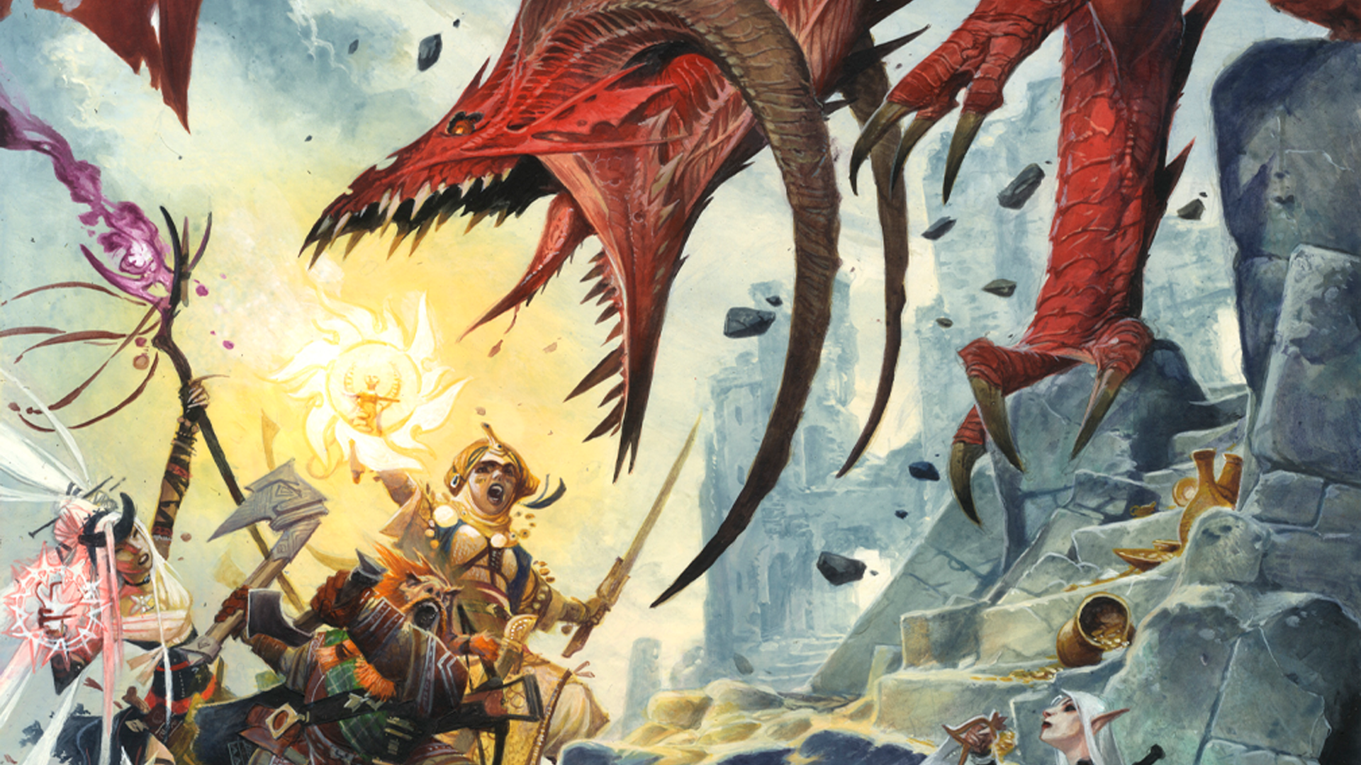 Image from the cover of the Pathfinder 2e Remaster Player Core book featuring the iconic characters fighting a red dragon