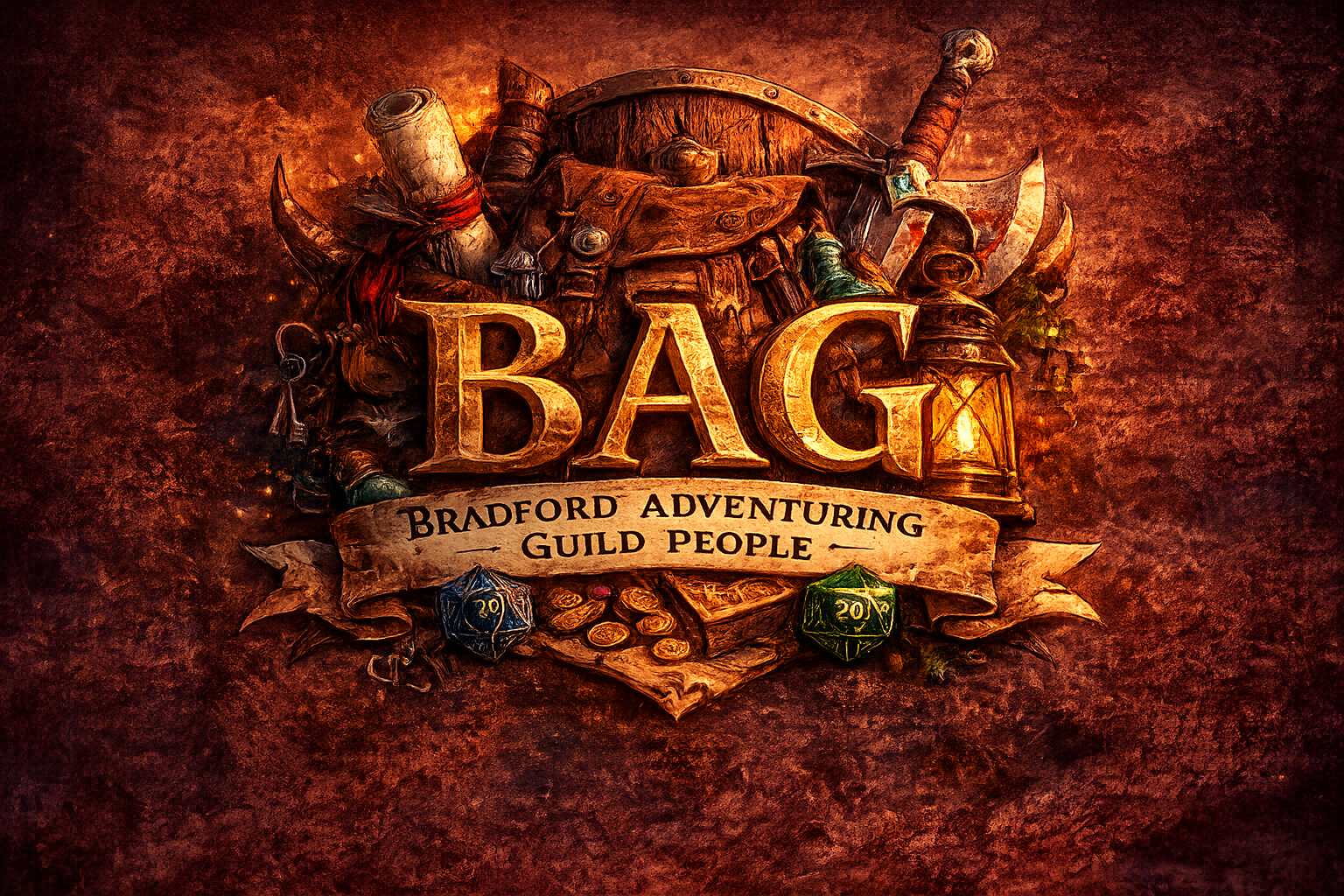 Group logo for the Bradford Adventuring Guild People (BAG People) featuring a pile of adventuring gear and dice and the words BAG over the top in gold letters. Below this is a scroll with the words "Bradford Adventuring Guild People"